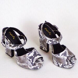 QUPID size 6.5 - 7 approx. black/white/gray faux-snake ultra-high-heel  sandals